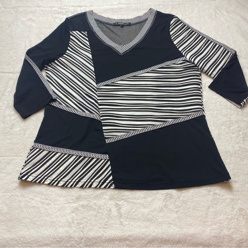 Lior Paris Black and White Striped Color Block V Neck Patchwork Top Size Large